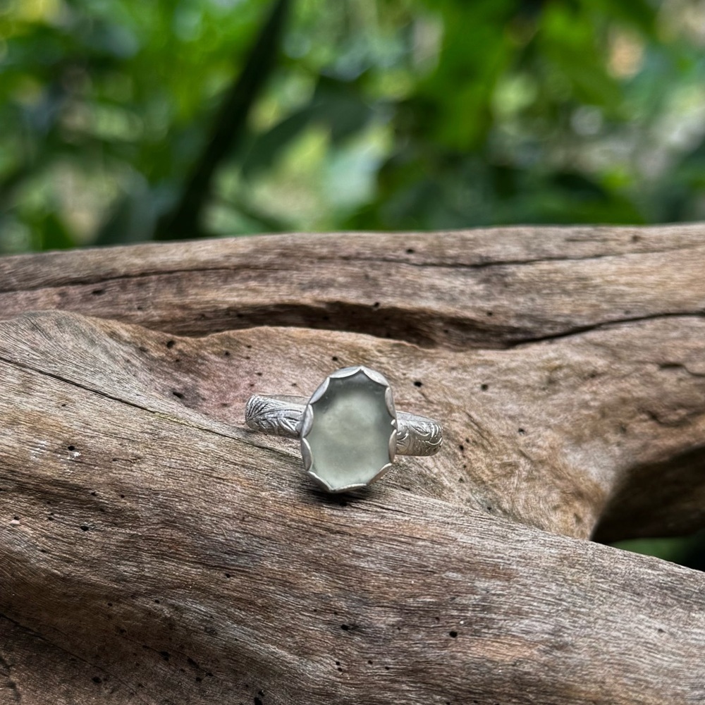 Soft Aqua sea glass beaded floral sterling & fine silver thick band